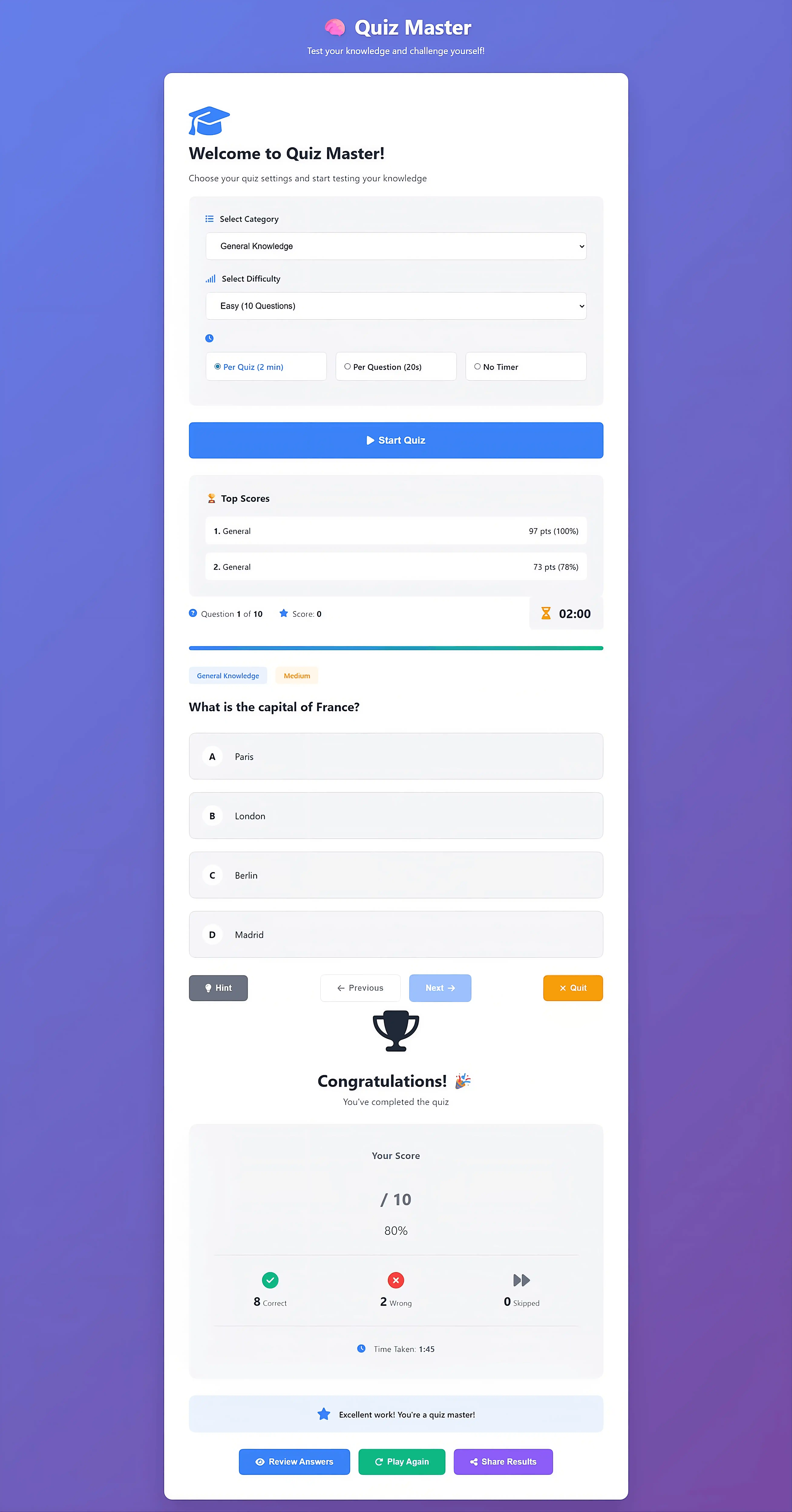 Quiz App with Timer & High Scores